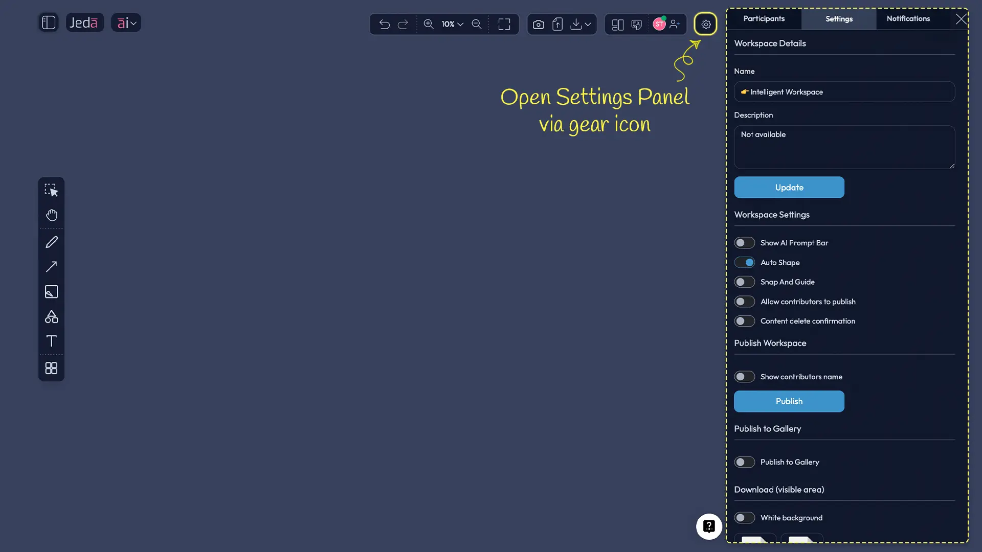 Workspace Settings panel showing Participants tab with workspace URL, Allow Requests toggle, Allow Guest Access toggle, email invite field, and role selector
