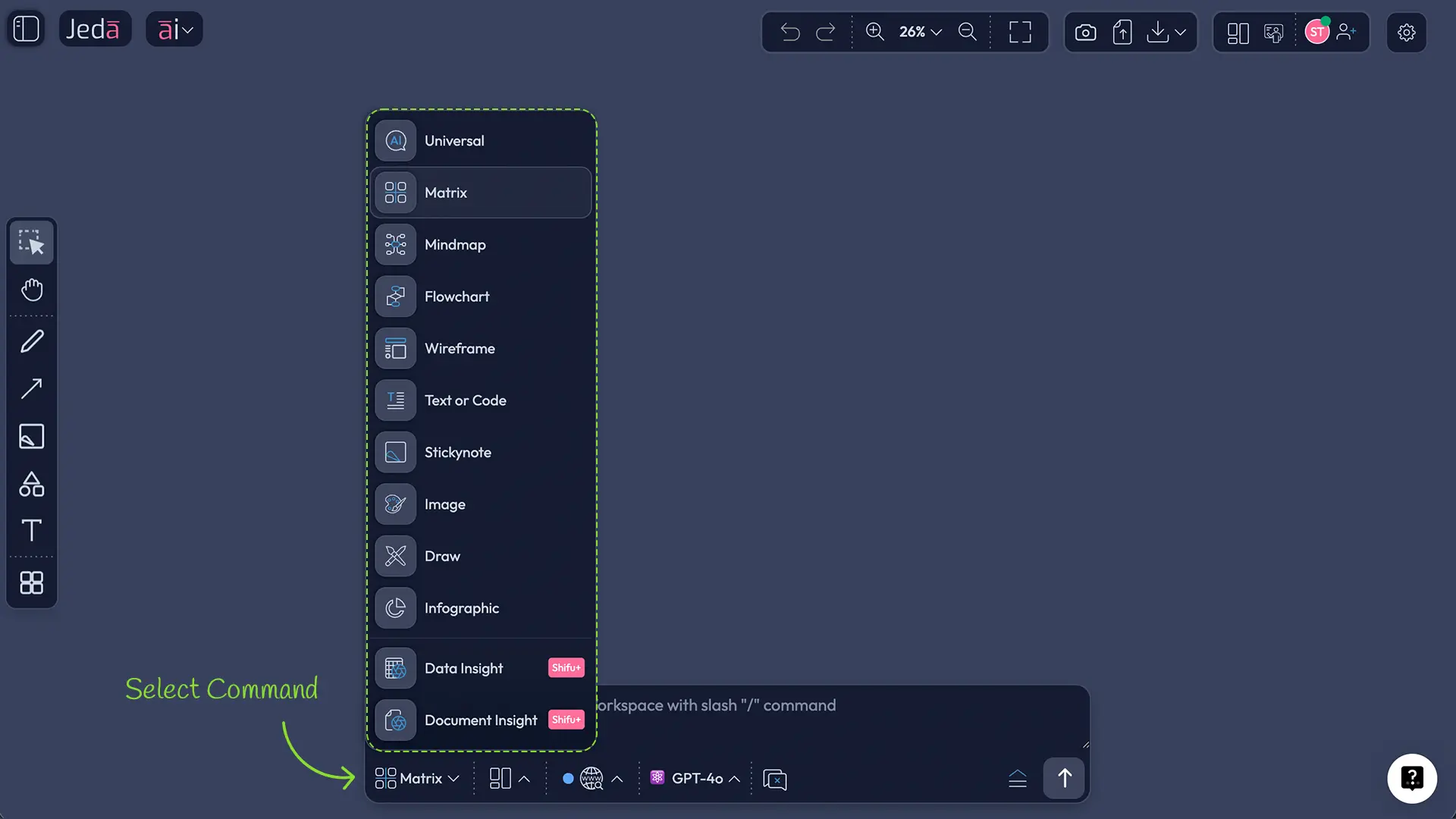 Grid of 12 Jeda.ai commands: Matrix, Mindmap, Flowchart, Wireframe, Text/Code, Stickynote, Image, Draw, Infographic, Data Insight, Document Insight, Diagram