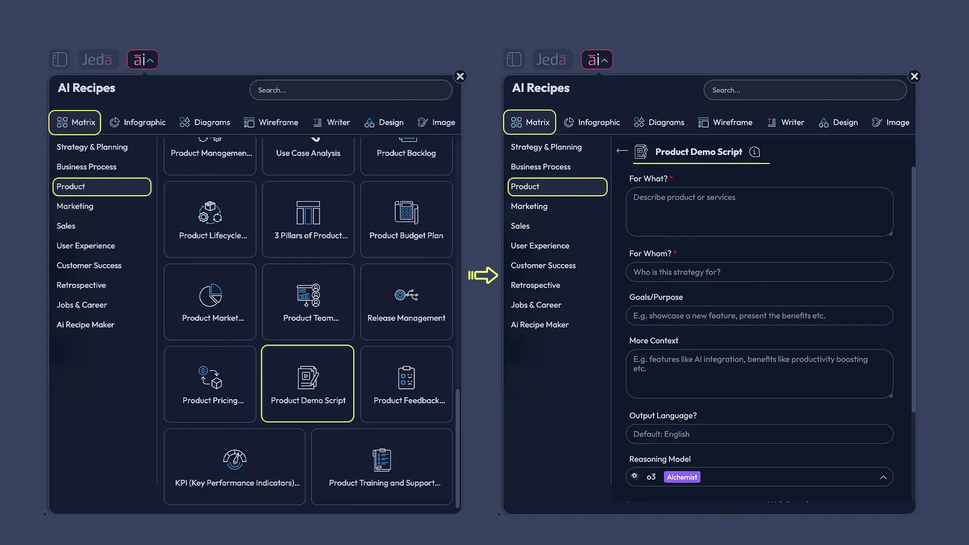 Jeda.ai AI Menu product demo script recipe