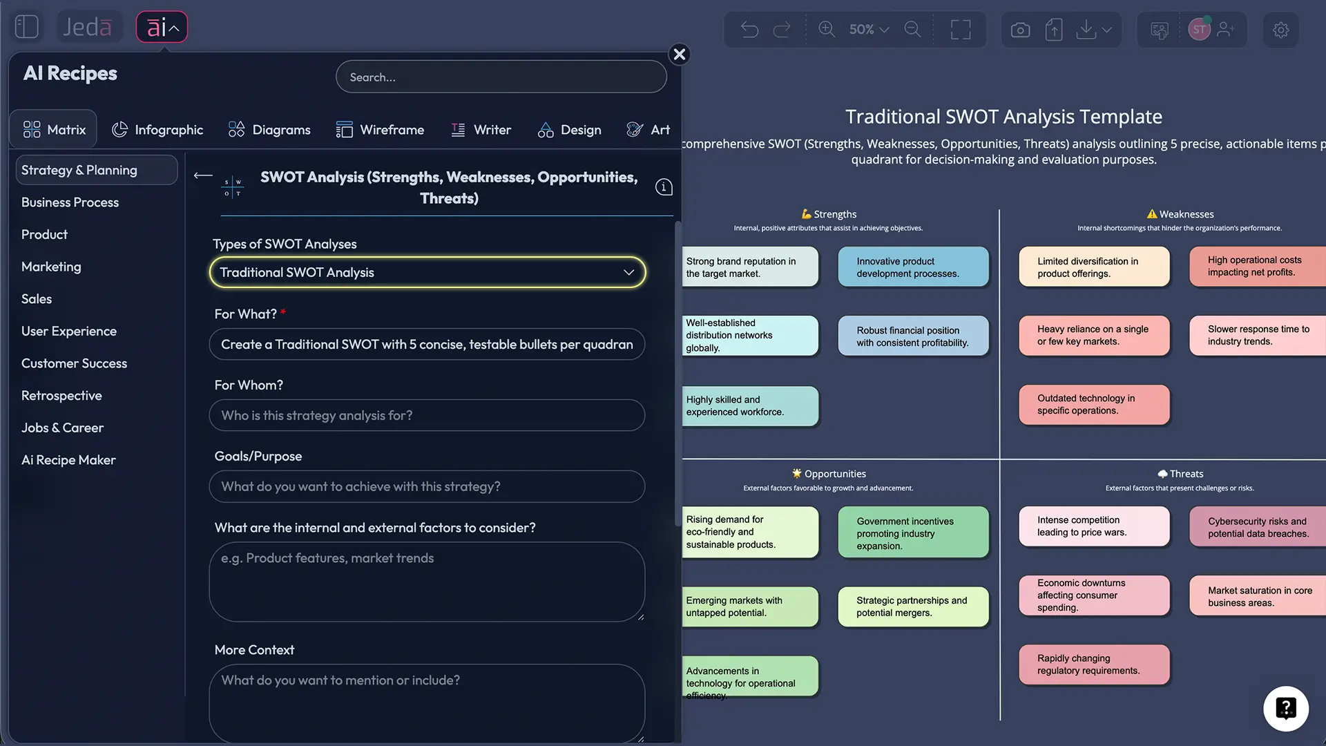SWOT Analysis with AI | Generate SWOT, Weighted SWOT, TOWS - Jeda.ai