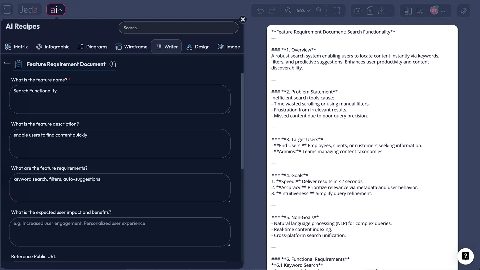 Jeda.ai Writer Recipe for feature requirement document