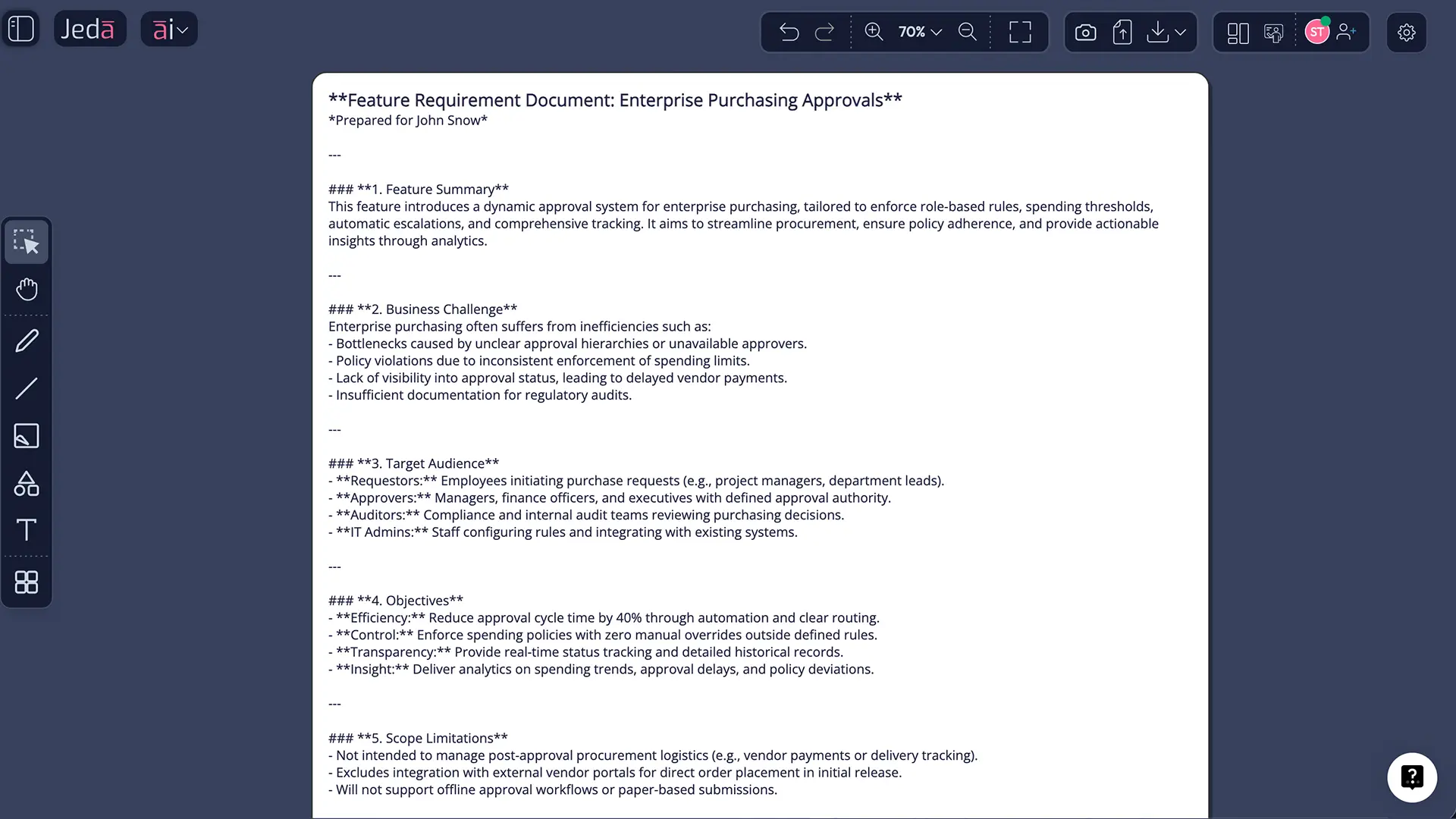 Example feature requirement document in Jeda.ai workspace