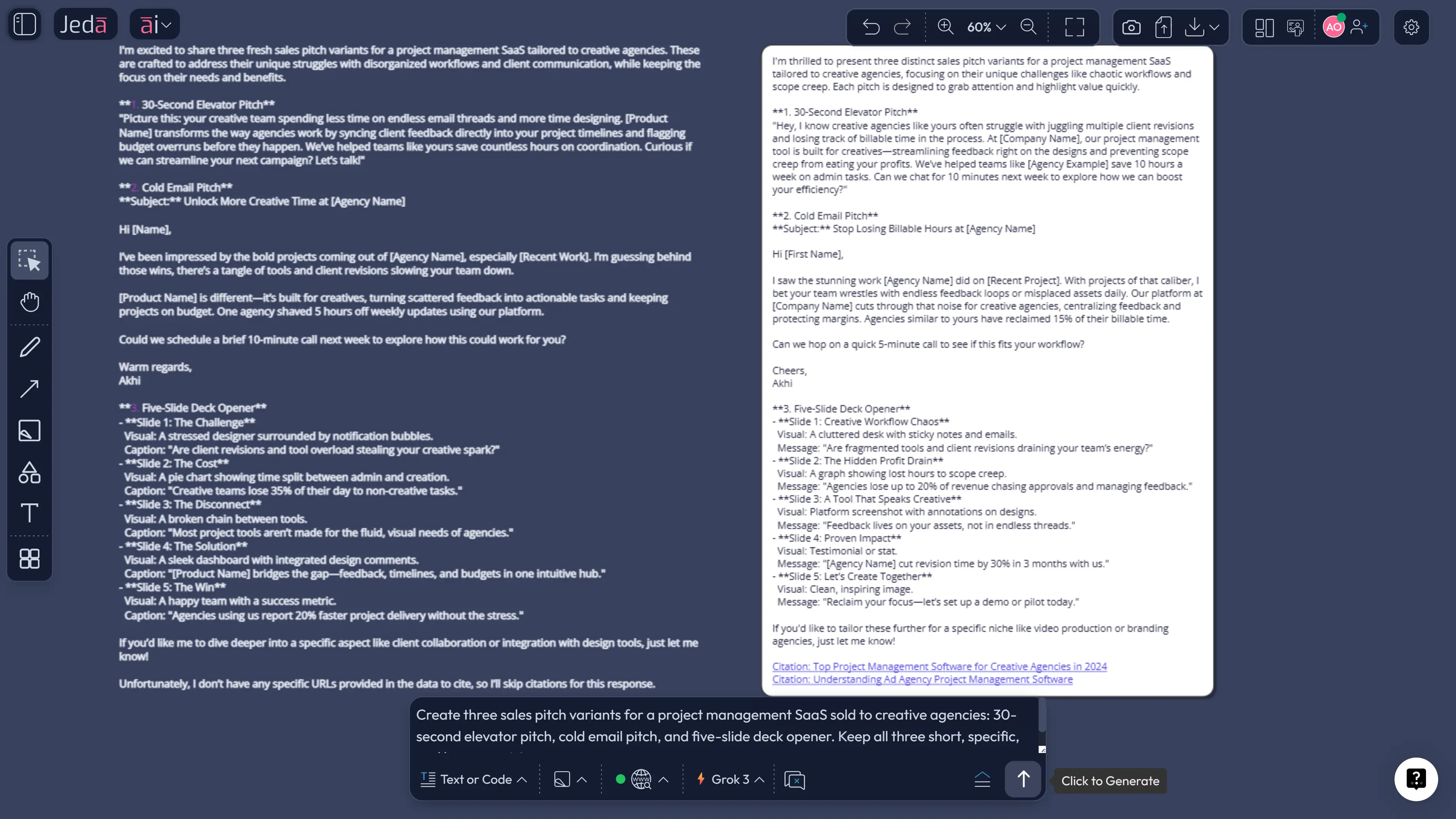 AI sales pitch variants in Jeda.ai workspace