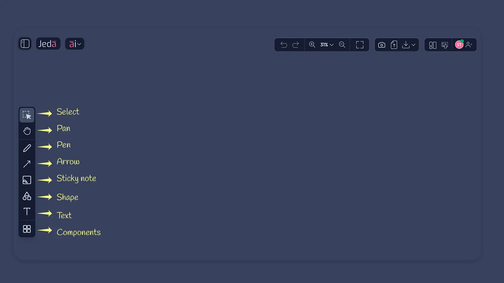 Left sidebar showing eight canvas tools: Select, Pan, Pen, Arrow/Line, Smartshape, Shape, Text, and Components