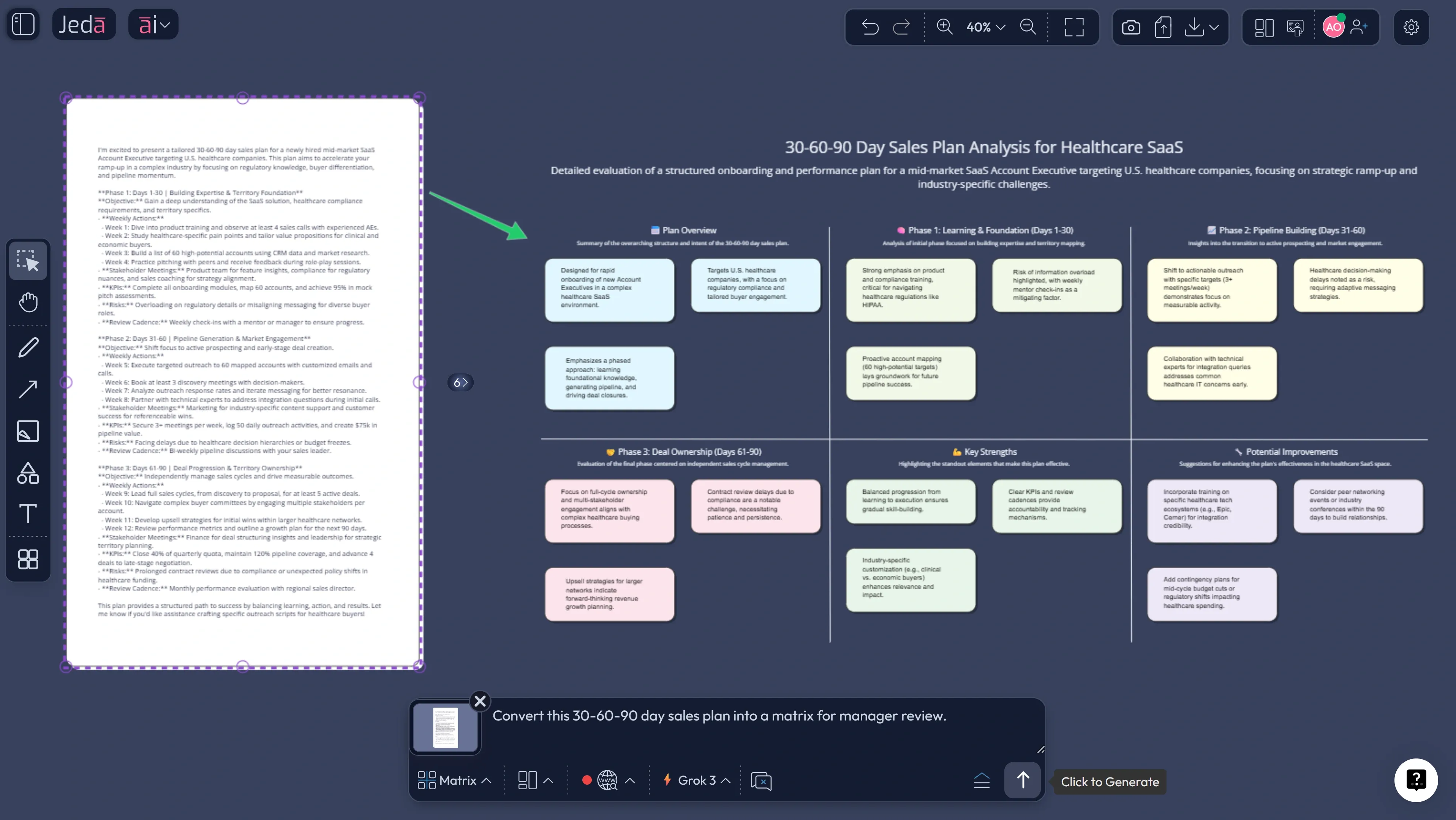 AI generated sales plan matrix in Jeda.ai