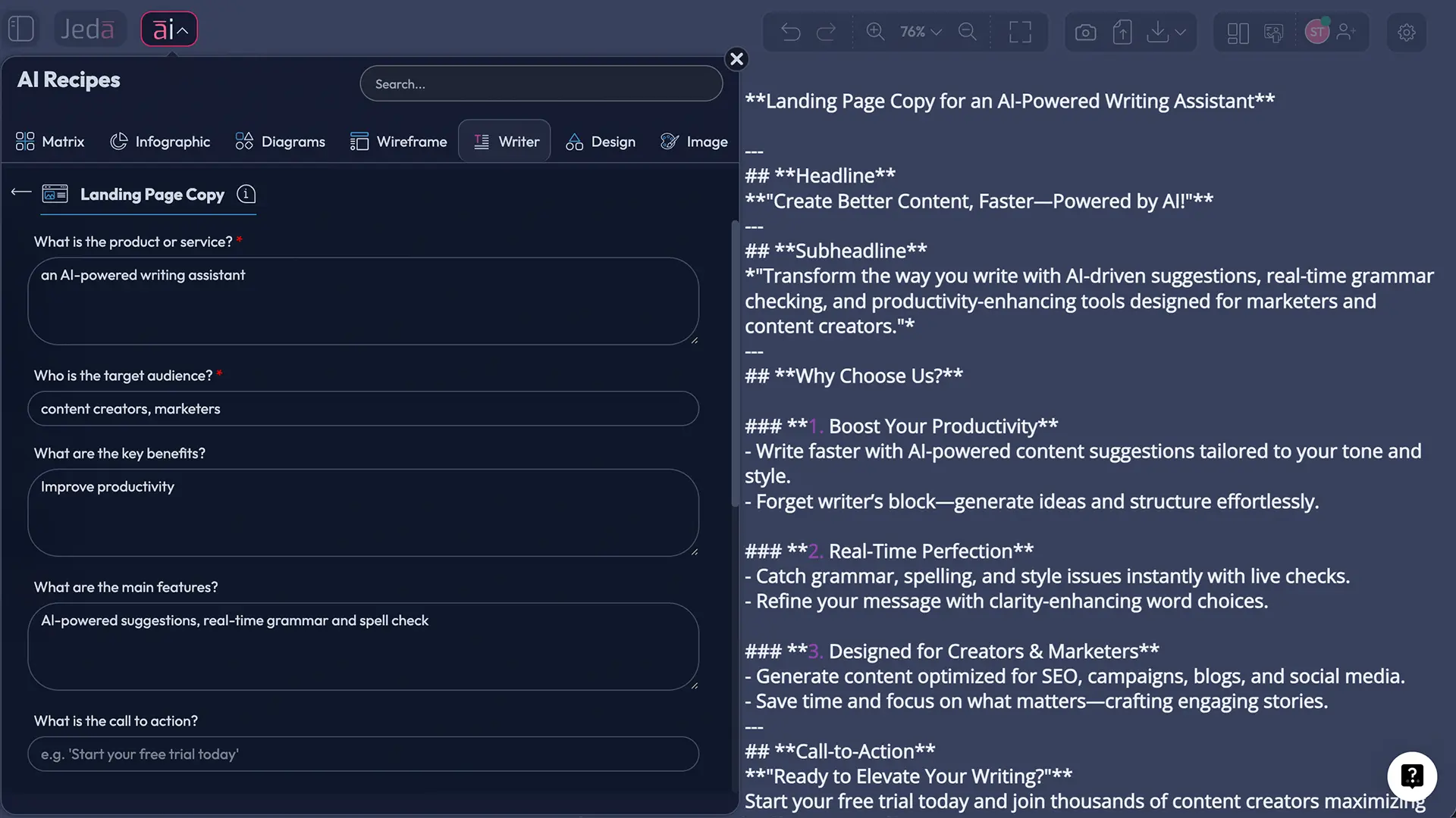Jeda.ai AI Menu landing page writer recipe