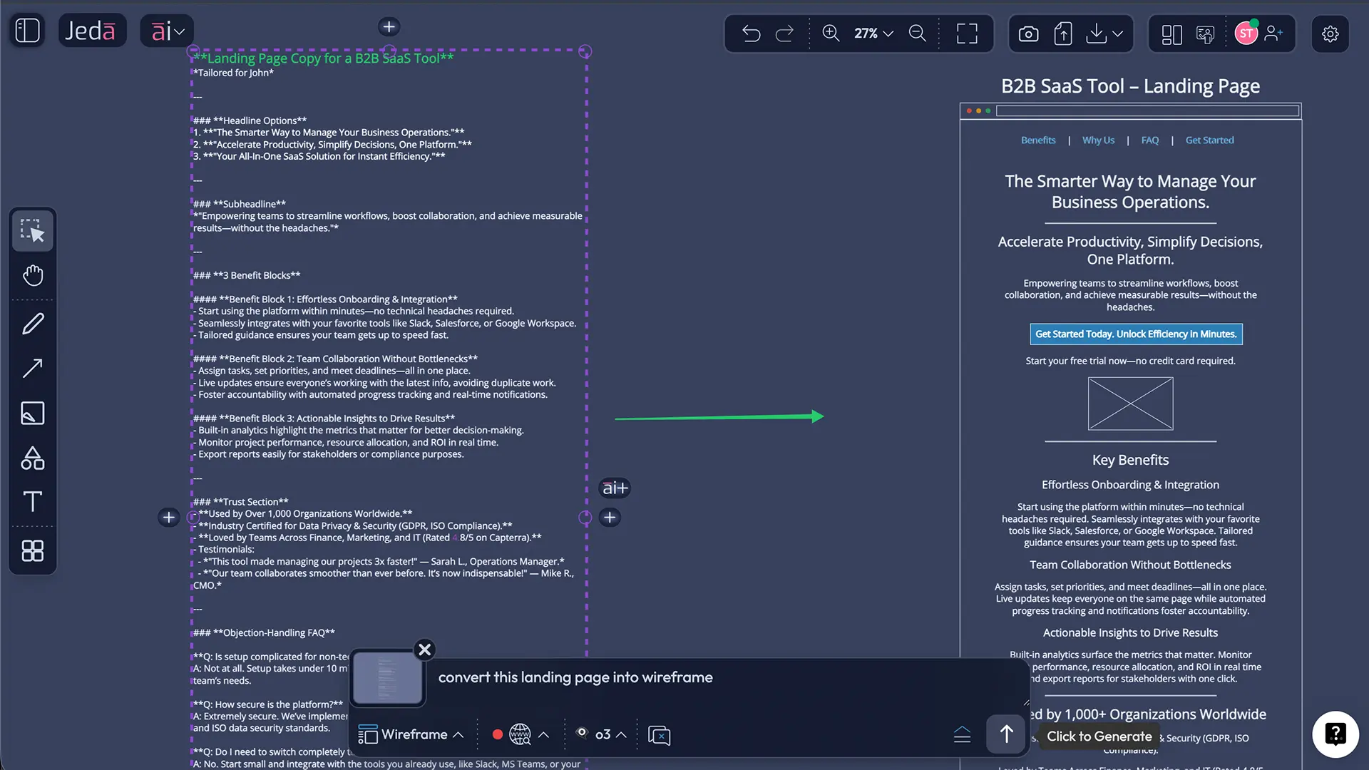 Vision Transform from landing page copy to wireframe