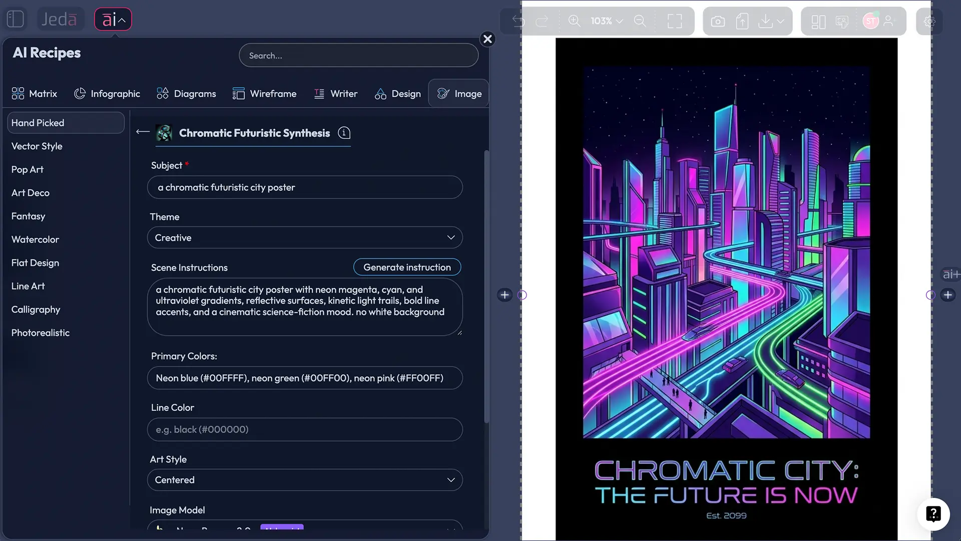 Chromatic Futuristic AI Art: Create Neon-Drenched Future Visuals Faster in Jeda.ai