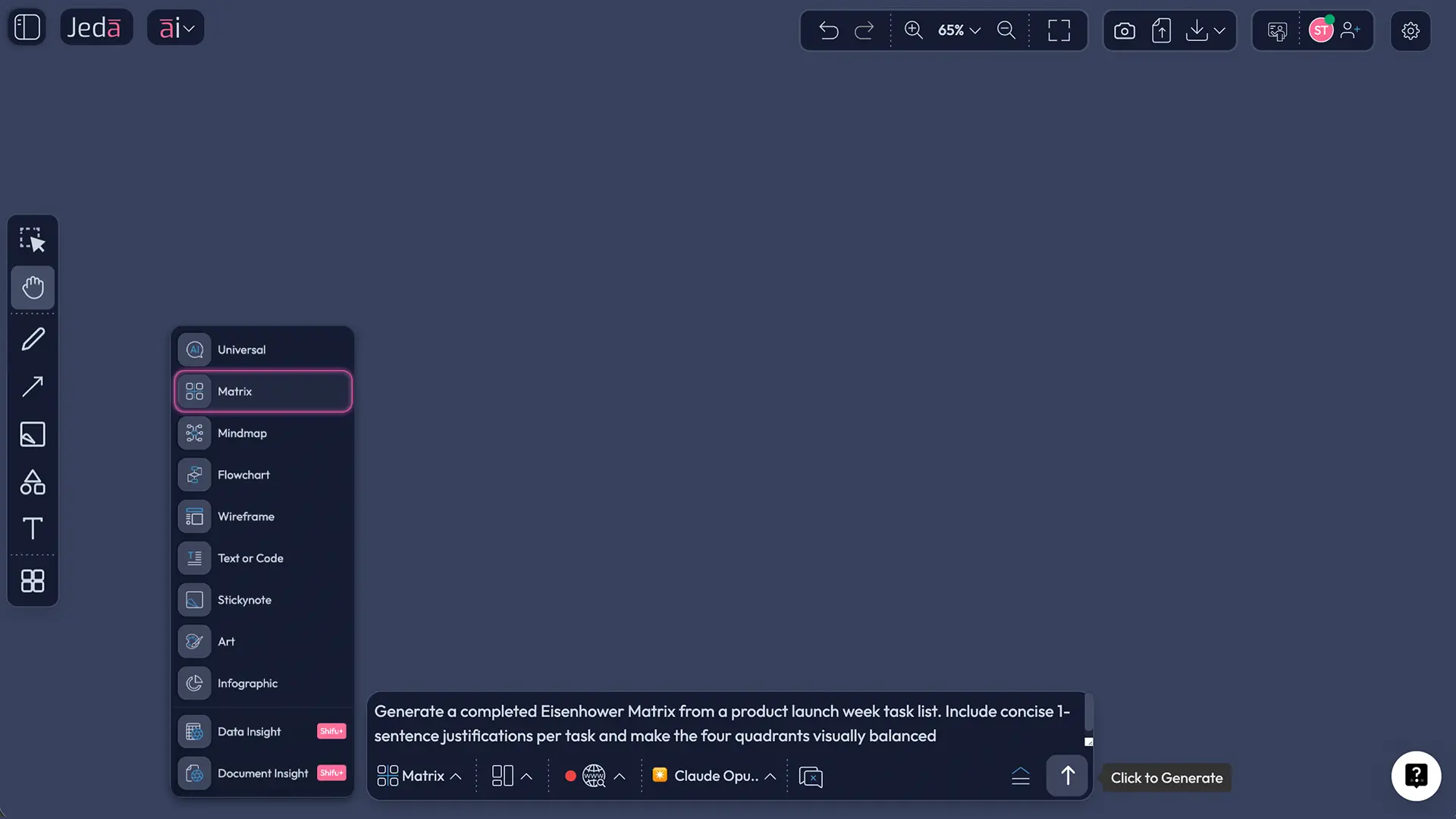 Jeda.ai Prompt Bar creating AI Eisenhower Matrix