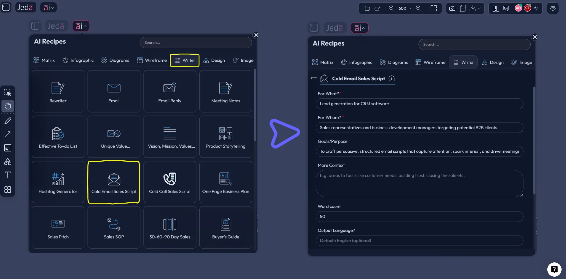 Generate Sales Script with AI prompt bar in Jeda.ai