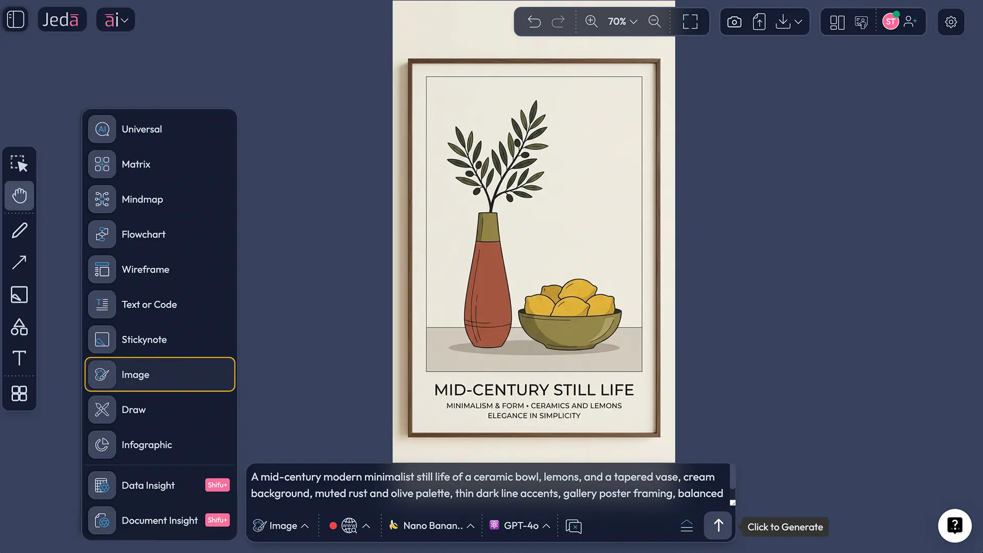 Jeda.ai Prompt Bar with Image command for retro minimalist art