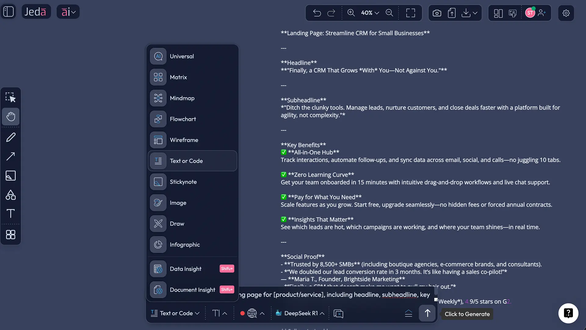 Prompt Bar setup for AI landing page copy generator